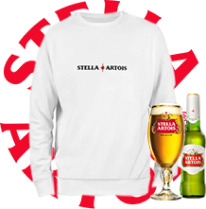 Hoddie blanco, Sixpack de cerveza y copa Stella Artois